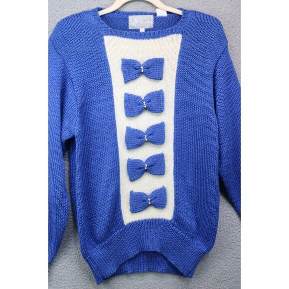 Joyce Vintage 80's Bow Tie Sweater-Wool Angora-Medium-Beaded-Chunky - Picture 2 of 8